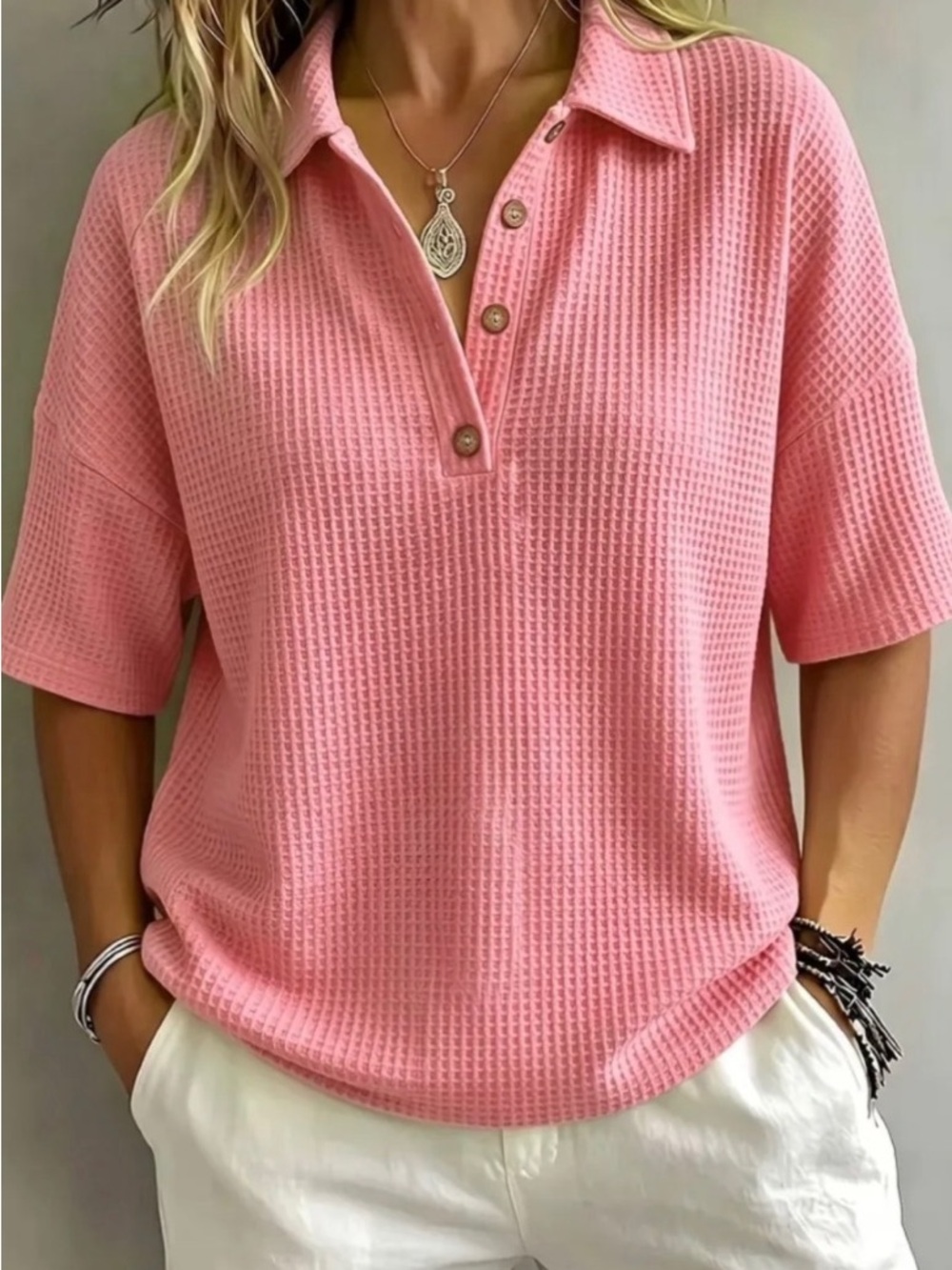 Women’s Waffle Relaxed Fit Drop Shoulder Polo Top
